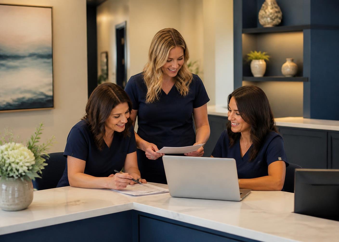 Practice staff reviewing paperwork at a clinic front desk